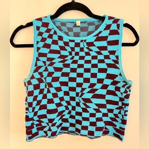 Geometric Blue and Red Women's Checkered Knit Tank Top
